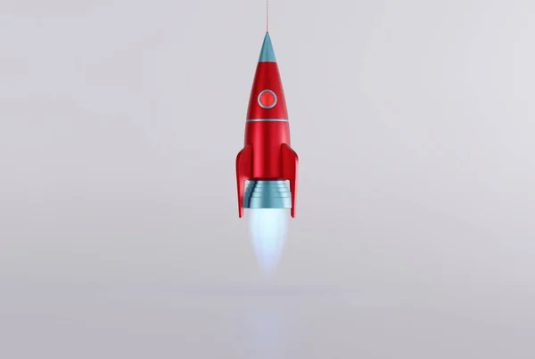 ロケットは軽い背景で離陸する ビジネスの概念 目標に沿って 3Dレンダリング 3Dイラスト — ストック写真