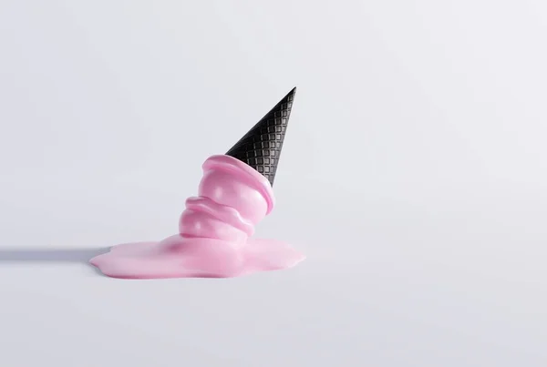 地面と光の背景に黒いワッフルに氷のクリームを溶かした アイスクリームを食べ 冷却するという概念 ブラックワッフル付きのモダンなアイスクリーム 3Dレンダリング 3Dイラスト — ストック写真