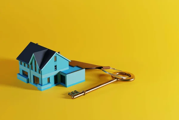 Home key on the background of the house and yellow background. The concept of buying an apartment, getting your first apartment. 3D render, 3D illustration.