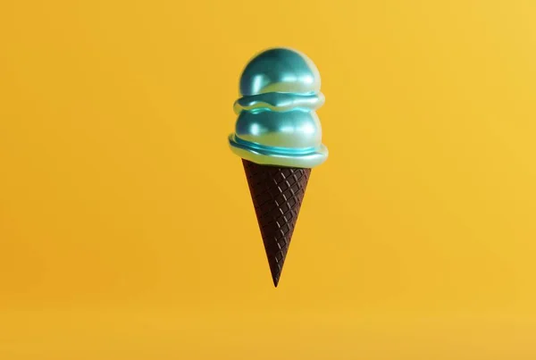 冰激淋在一个黑色的华夫饼在地面和黄色的背景 吃冰淇淋的概念 冷却下来 现代冰淇淋与黑色华夫饼 3D渲染 3D插图 — 图库照片