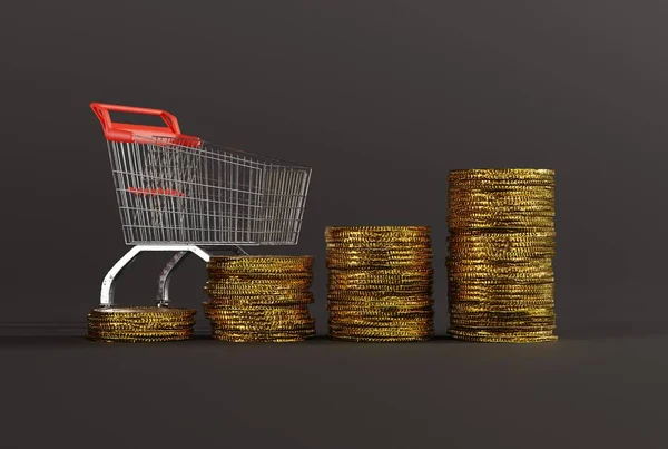 Lege Winkelwagen Achtergrond Van Gouden Munten Inflatieconcept Minder Producten Voor — Stockfoto