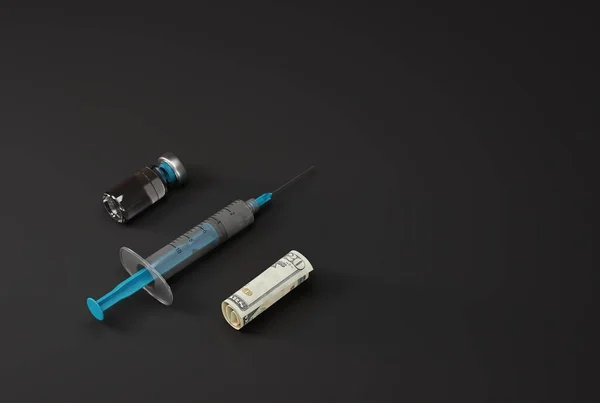 注射器とワクチンと紙幣を丸めた 健康と医療の概念は コロナウイルスからお金を稼ぐ Covidワクチンを取ります 3Dレンダリング 3Dイラスト — ストック写真