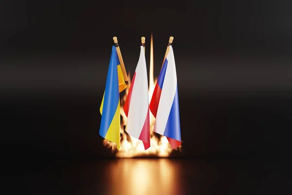 The flag of Russia, Ukraine and Poland. The concept of diplomacy and international relations between Poland, Ukraine and Russia. Conflict and Russian war with Ukraine. 3D render, 3D illustration.