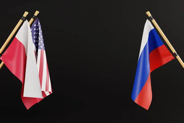 Flag of Russia, USA and Poland. The concept of diplomacy and international relations between Poland, the United States and Russia. Conflict and Russian war with Ukraine. 3D render, 3D illustration.
