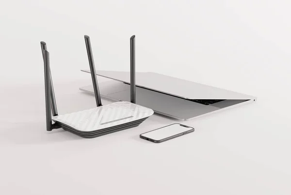 stock image Internet router, laptop and phone on a light background. The concept of using the internet, data transfer. Internet speedup, internet provider. 3D render, 3D illustration.