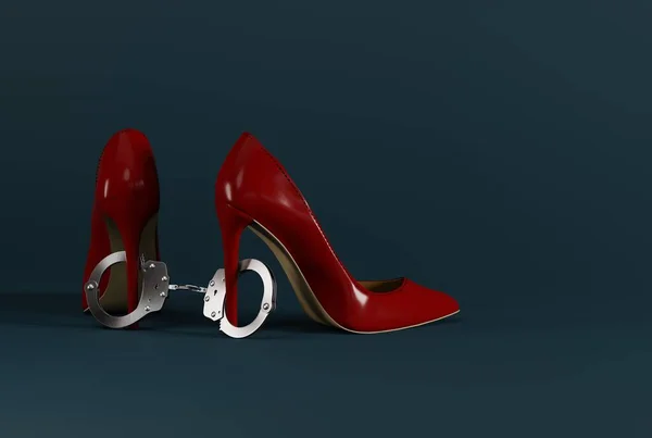 Sepatu Hak Tinggi Terhubung Dengan Borgol Konsep Mode Masalah Fashion — Stok Foto