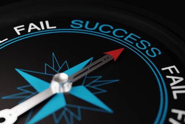 Compass pointing in the direction of success. The concept of winning, achieving success. A compass showing the direction of success instead of fail. 3D render; 3D illustration.