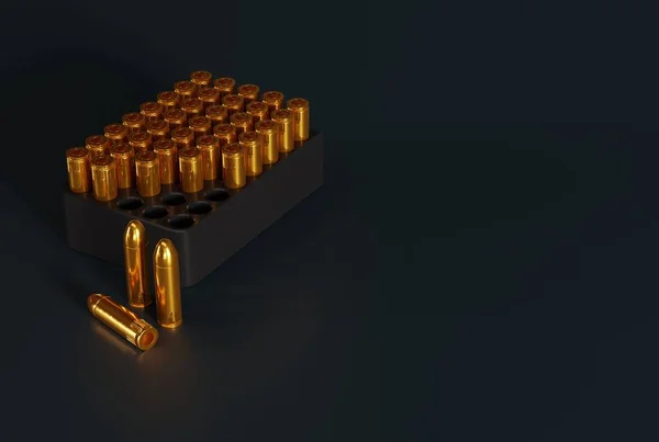 黑暗背景下的子弹枪武器和弹药概念 不同的枪弹来福枪获取火器 3D渲染 3D插图 — 图库照片