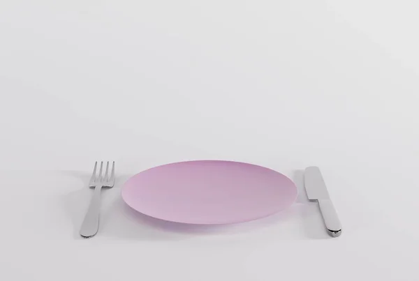 叉子和刀 做饭的概念 一个空盘子 准备上菜 3D渲染 3D插图 — 图库照片