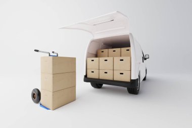 Beyaz arka planda karton kutular olan beyaz minibüs. Teslimat siparişi şirketinin taşımacılık kargo kamyonuyla iş geçmişi. 3d görüntüleme, 3d illüstrasyon.