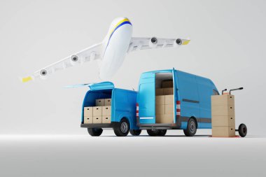 İki ticari teslimat mavi minibüsü, üzerinde beyaz arka planda uçak olan karton kutular. Minibüslü servis servisi taşıma kutusu. 3d görüntüleme, 3d illüstrasyon.