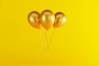 Gold balloons on a light background. Concept for the release of balloons, balloons inflated with air. 3d rendering, 3d illustration.	