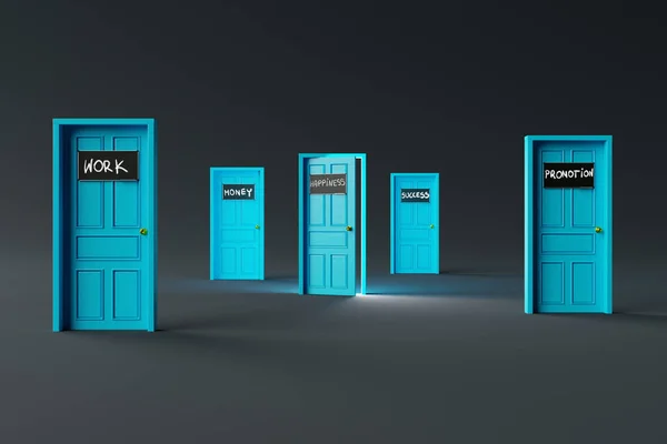 Many doors with different inscriptions like work, money, promotion and the open door of happiness. Concept of choices in life, choice of happiness. 3d render.