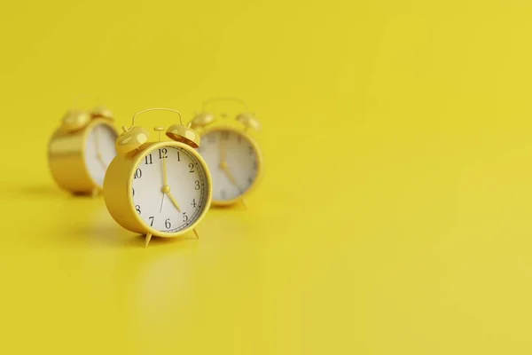 Relógios Alarme Retro Amarelos Fundo Amarelo Conceito Acordar Acordar Manhã — Fotografia de Stock