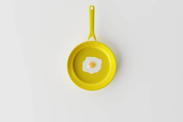 黄色平底锅 底色淡淡的煎蛋 用鸡蛋做一道菜 用平底锅煎鸡蛋的概念 3D渲染 — 图库照片