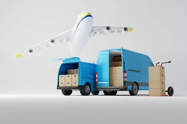 Dos Furgonetas Comerciales Entrega Azul Con Cajas Cartón Con Avión —  Fotos de Stock
