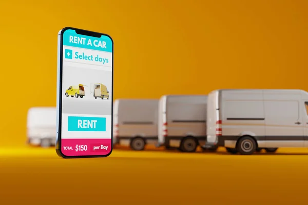 A phone with an application for renting a car against the background of vans. Rent a car, the concept of ordering a car through the app. 3D rendering, 3D illustration.