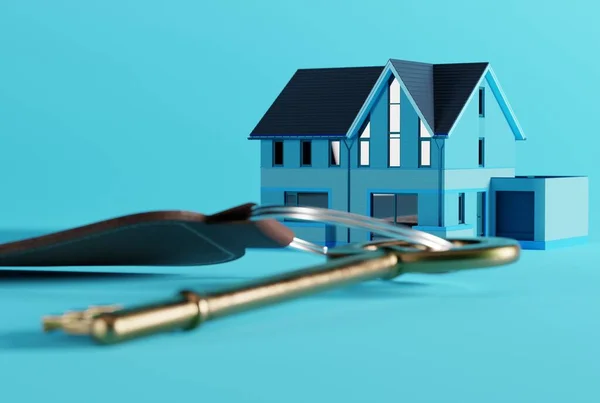 家里的钥匙在房子的后面 蓝色的背景 买一套公寓的概念 就是买第一套公寓 3D渲染 3D插图 — 图库照片