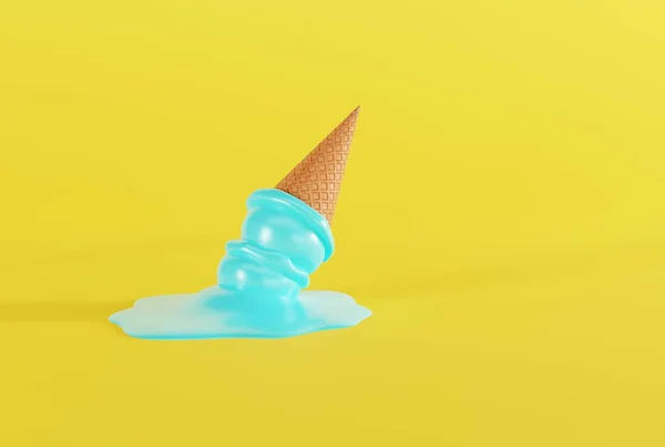 地面と黄色の背景にワッフルに氷を溶かした アイスクリームを食べ 冷却するという概念 3Dレンダリング 3Dイラスト — ストック写真