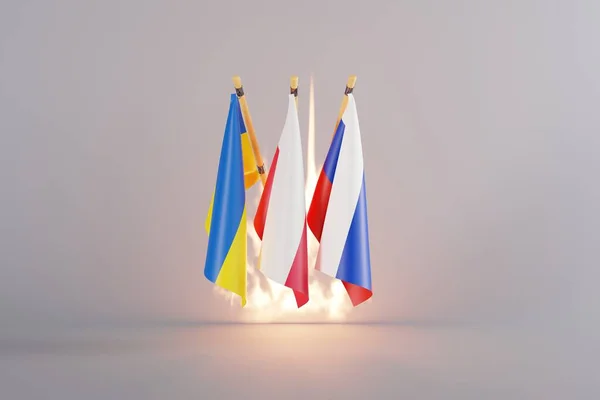The flag of Russia, Ukraine and Poland. The concept of diplomacy and international relations between Poland, Ukraine and Russia. Conflict and Russian war with Ukraine. 3D render, 3D illustration.