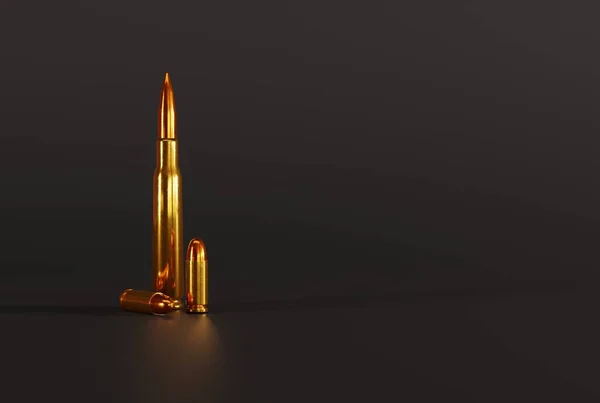黑暗背景下的子弹枪武器和弹药概念 不同的枪弹来福枪获取火器 3D渲染 3D插图 — 图库照片