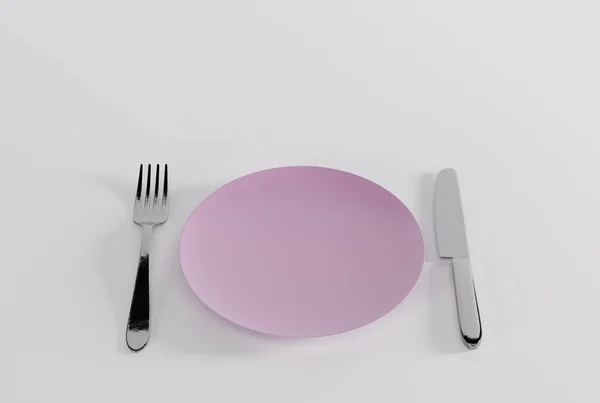 プレートとフォークとナイフ 食事の概念は 食事を準備します 提供される準備ができて空のプレート 3Dレンダリング 3Dイラスト — ストック写真