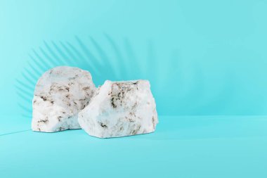 Mavi arka planda granit taşlar ve bir yaprak gölgesi. Soyut arkaplan kavramı, ürün ve ürün imajı için arka plan. 3B görüntüleme, 3B illüstrasyon.