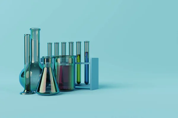 Mavi Arka Planda Laboratuvar Camları Var Kimya Kavramı Kimyasal Cam — Stok fotoğraf
