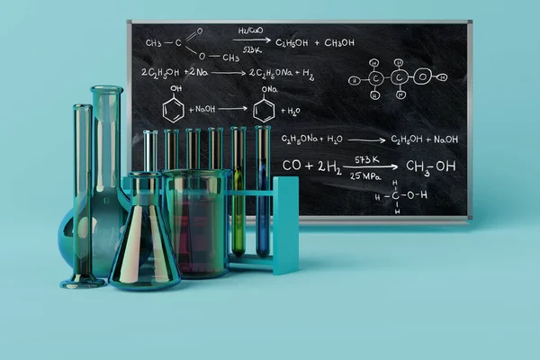 Laboratorní Sklo Pozadí Tabule Vědecký Koncept Chemie Zpátky Školy Učit — Stock fotografie