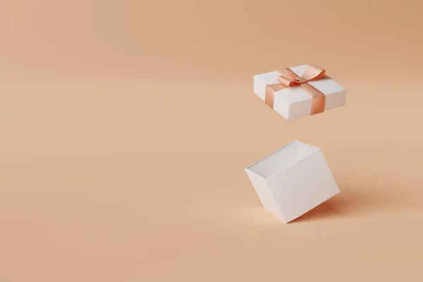 礼物在橘红色的背景上打开了 制作礼物 购买礼物 购物的概念 令人惊讶 3D渲染 3D插图 — 图库照片