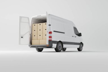 Beyaz arka planda karton kutular olan beyaz minibüs. Teslimat siparişi şirketinin taşımacılık kargo kamyonuyla iş geçmişi. 3d görüntüleme, 3d illüstrasyon.