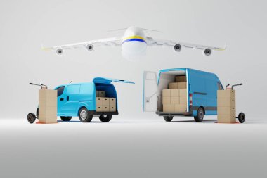 İki ticari teslimat mavi minibüsü, üzerinde beyaz arka planda uçak olan karton kutular. Minibüslü servis servisi taşıma kutusu. 3d görüntüleme, 3d illüstrasyon.