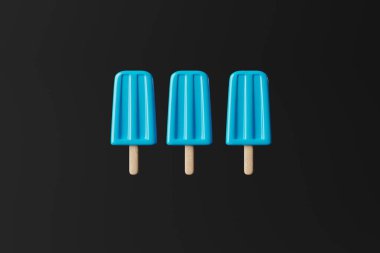 Koyu arkaplanda mavi buzlu şeker. Yaz tatili kavramı. Sıcak günlerde serinlemek. 3d görüntüleme, 3d illüstrasyon.