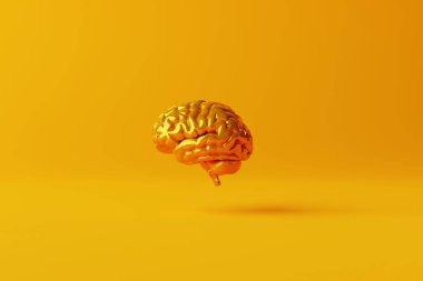 Turuncu arka planda sarı beyin. İş kavramı, beyin fırtınası, cevaplar, fikirler. İstihbarat. 3d görüntüleme, 3d illüstrasyon.