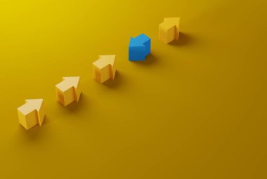 Oklar bir yönde dizilmiş ve bir ok da ters yönde. Büyüme konsepti, iş kısıtlaması, geri adım. 3B görüntüleme, 3B illüstrasyon.