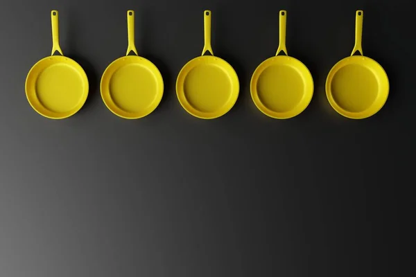 黑色背景上的黄色平底锅 油炸的概念 食物准备 3D渲染 — 图库照片