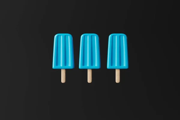 Blue ice lolly on an dark background. Concept of summer, vacation. Cooling down on warm days. 3d rendering, 3d illustration.