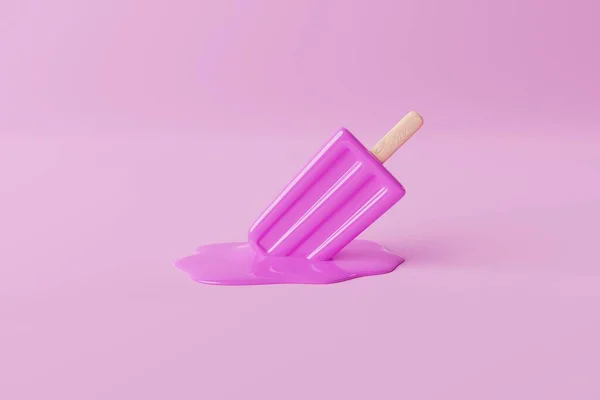 パステルカラーの背景にピンク色の氷のロリーを溶かした 休暇の概念 暖かい日に冷却する 3Dレンダリング 3Dイラスト — ストック写真