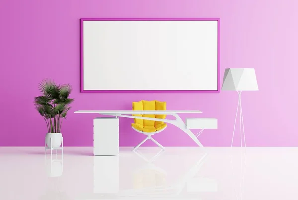 View Modern Office Empty Picture Frame Pink Wall Background Modern — Stock Photo, Image