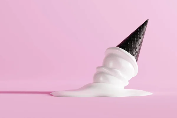 地面に黒いワッフルとピンクの背景に氷のクリームを溶かした アイスクリームを食べ 冷却するという概念 ブラックワッフル付きのモダンなアイスクリーム 3Dレンダリング 3Dイラスト — ストック写真