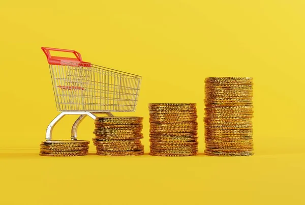 Lege Winkelwagen Achtergrond Van Gouden Munten Inflatieconcept Minder Producten Voor — Stockfoto