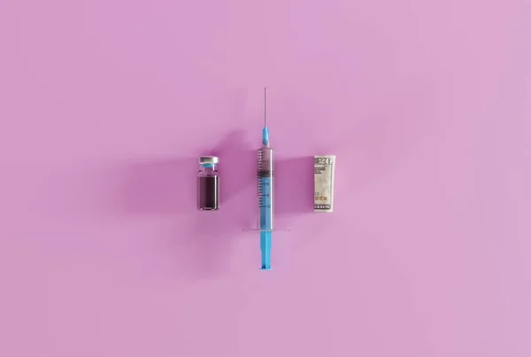 Una Siringa Vaccino Covid Una Banconota Arrotolata Concetto Assistenza Sanitaria — Foto Stock