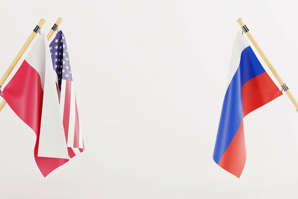 俄罗斯 美国和波兰的国旗 美国和俄罗斯之间的外交和国际关系概念 冲突和俄罗斯与乌克兰的战争 3D渲染 3D插图 — 图库照片