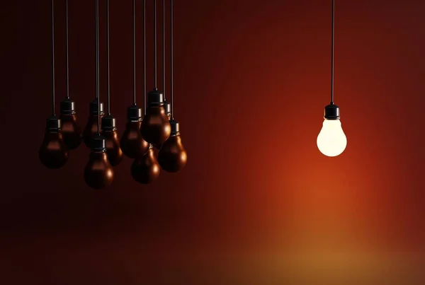 Une Ampoule Sur Fond Nombreuses Ampoules Éteintes Concept Entreprise Découverte — Photo