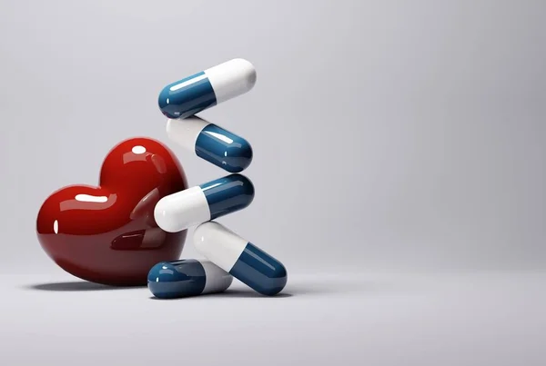 Cápsulas Azuis Coração Sobre Fundo Claro Tratamento Conceito Médico Farmacêutico — Fotografia de Stock
