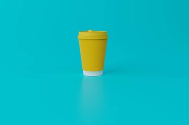 Sarı karton kahve kupası. Şehirde kahve içme, fast food istasyonunda kahve alma kavramı. Koşma ve kovalama zamanı. 3D görüntüleme, 3d 