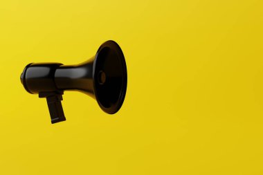 Arka planda megafon var. Bilgi ve haber sağlama kavramı. İş, Finans ve Sosyoloji. 3d görüntüleme, 3d illüstrasyon.