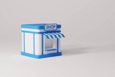 Shop sözcüğü olan bir model. İş ve finansal konsept, alışveriş, e-ticaret. Ürünleri internetten sipariş etmek. 3B görüntüleme, 3B illüstrasyon.