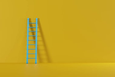 Duvarda merdiven var. İş konsepti, zirveye tırmanmak ve hedeflere ulaşmak. Merdiven duvara dokunuyor ve yaslanıyor. 3B görüntüleme, 3B illüstrasyon.