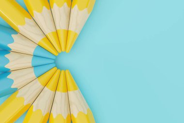 Yarı daire şeklinde dizilmiş sarı boya kalemleri ve üç mavi boya kalemi. İş konsepti, kalabalıkta göze çarpmak, sosyal meseleler. Pastel boyaları kapatın. 3B görüntüleme, 3B illüstrasyon.